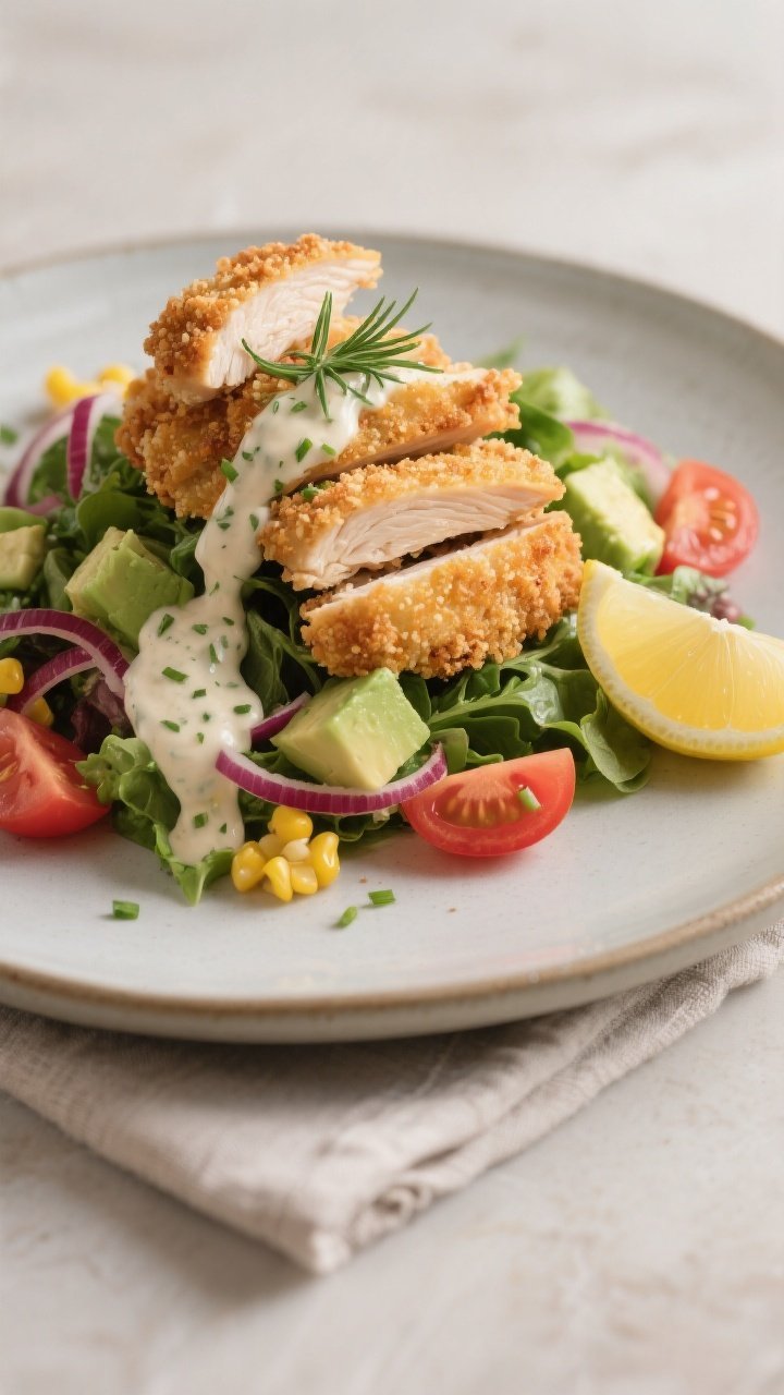 Final plated hero close-up: Restaurant-quality presentation of the salad on a matte ceramic plate—