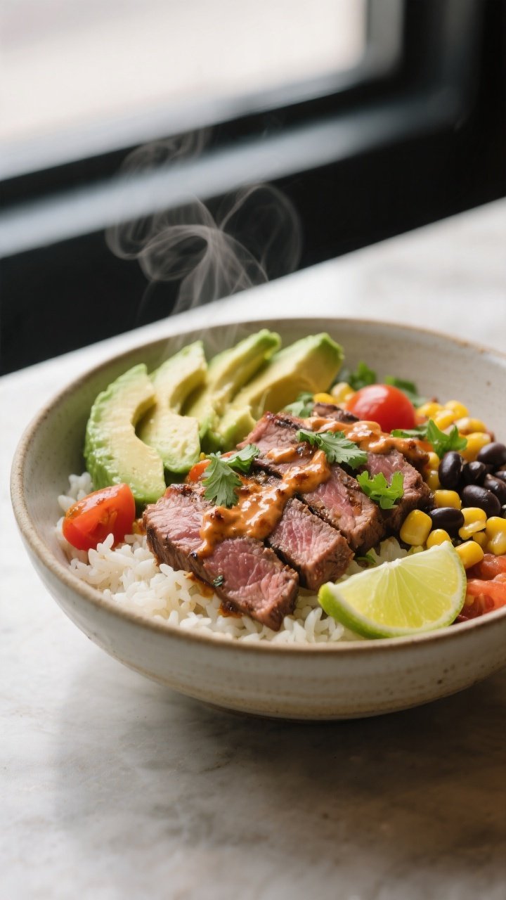 Final plated hero dish: Beautifully plated Grilled Steak Avocado Rice Bowl in a wide, shallow cerami