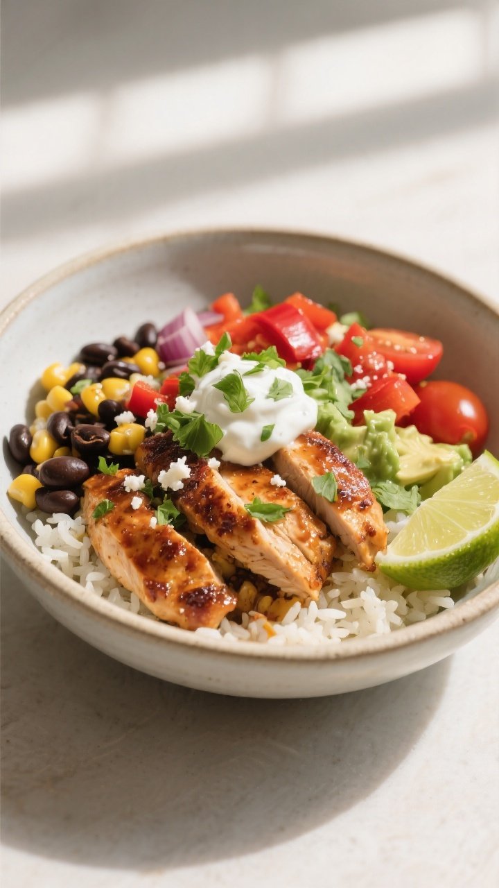 Final plated hero dish: Restaurant-quality chipotle chicken burrito bowl beautifully composed in a w
