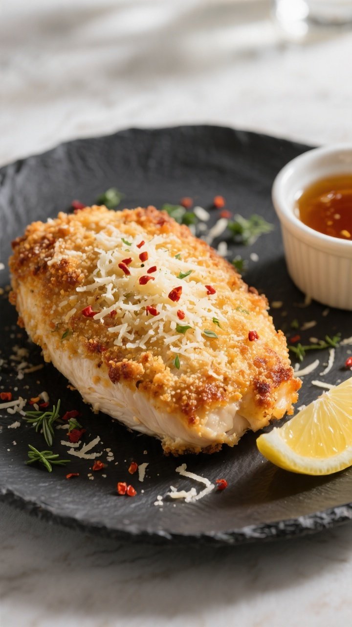 Final plated hero: Restaurant-quality presentation of a whole baked Parmesan-crusted chicken breast 