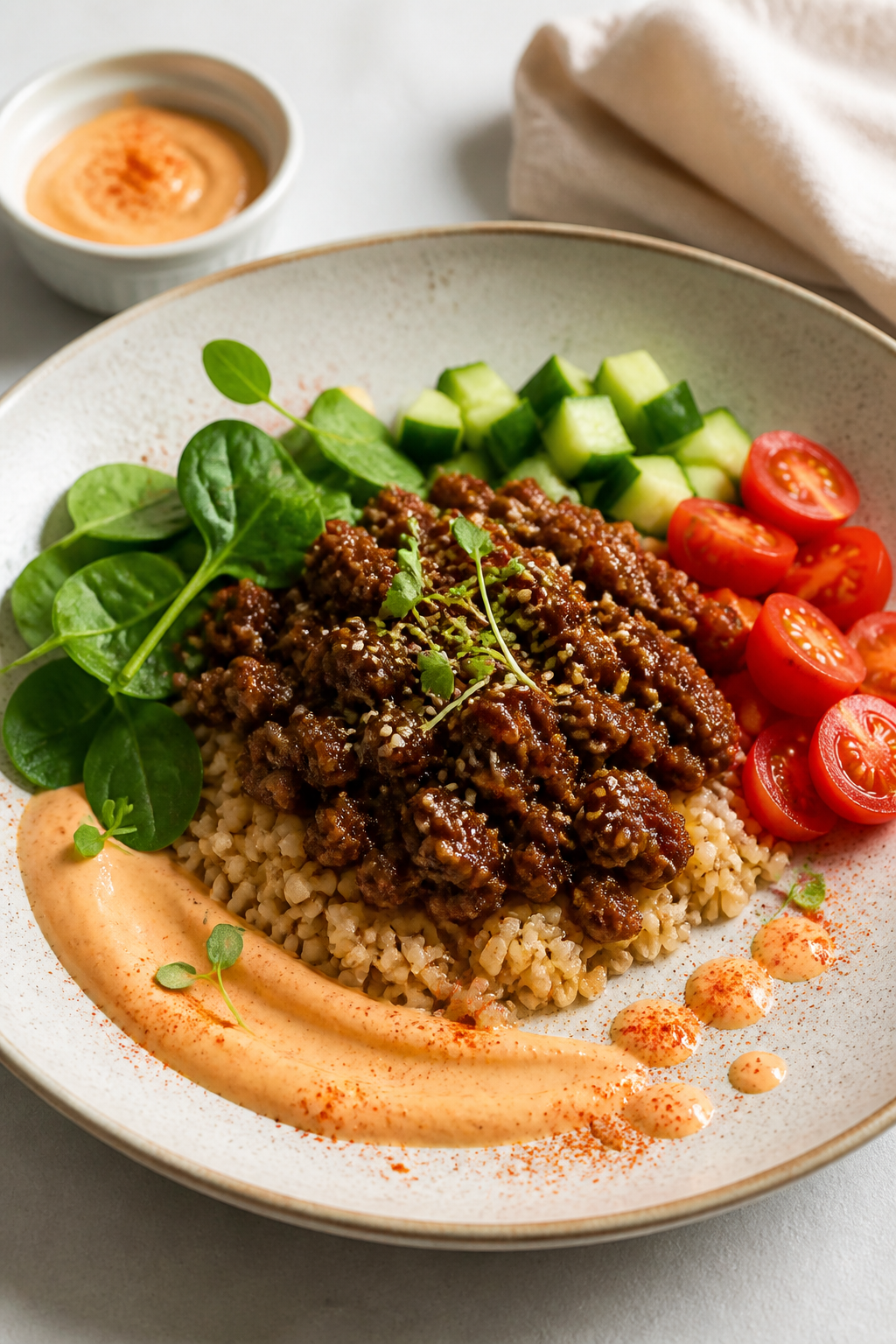 Final plated hero: Restaurant-quality presentation of a Healthy Hamburger Rice Bowl on a wide, shall