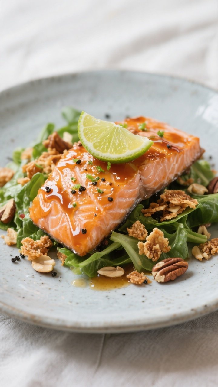 Final plated hero: Restaurant-quality presentation of Hot Honey Salmon Crunch Salad on a cool-toned 