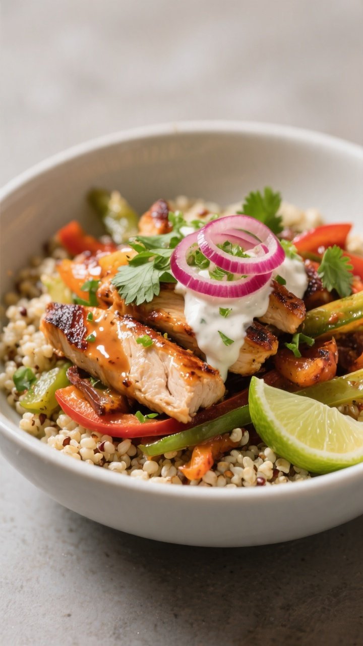 Final plated hero: Restaurant-quality presentation of a Chicken Fajita Bowl variation with cilantro-
