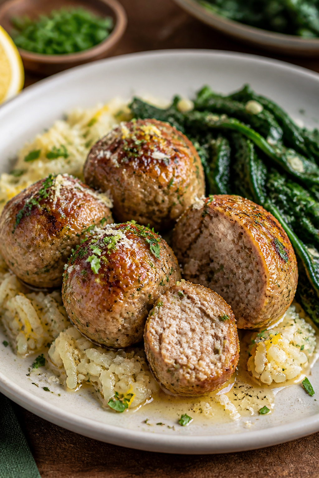 Final plated hero: Restaurant-quality presentation of turkey meatballs glazed in garlic butter sauce