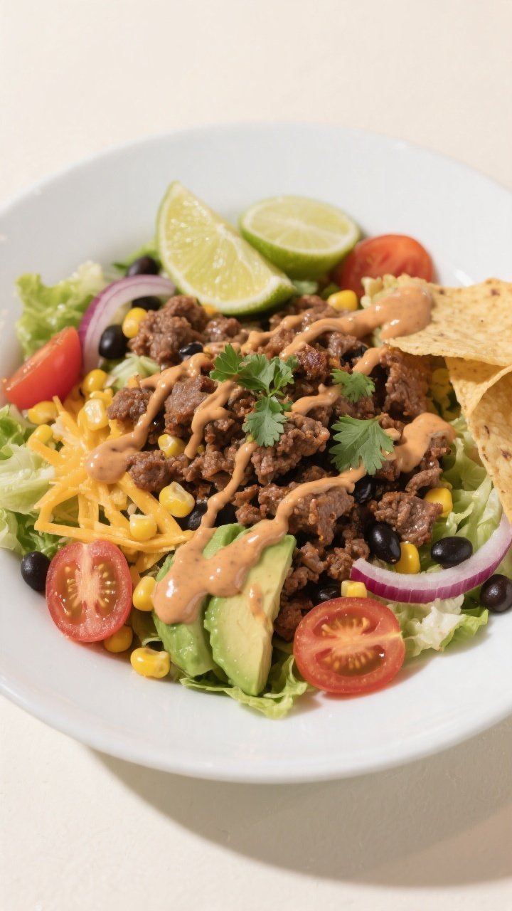 Final plated hero shot: BBQ Ranch Ground Beef Salad beautifully arranged in a wide, shallow white bo