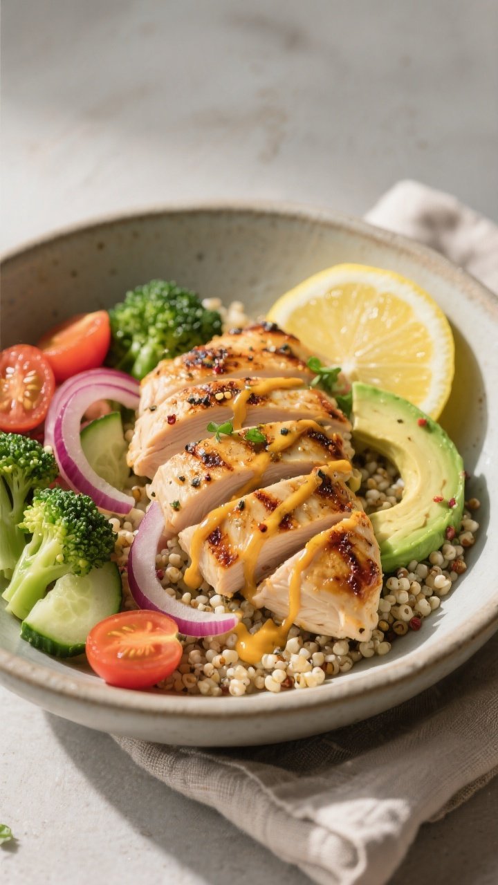 Final plated hero shot, : Beautifully composed Grilled Lemon Pepper Chicken Bowl in a wide, matte ce