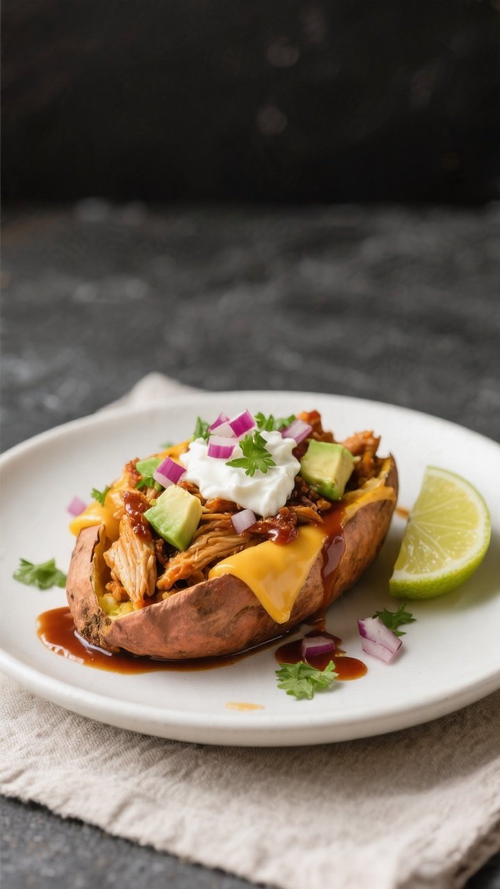 Final plated hero shot: Beautifully plated Healthy BBQ Chicken Stuffed Sweet Potato on a matte white