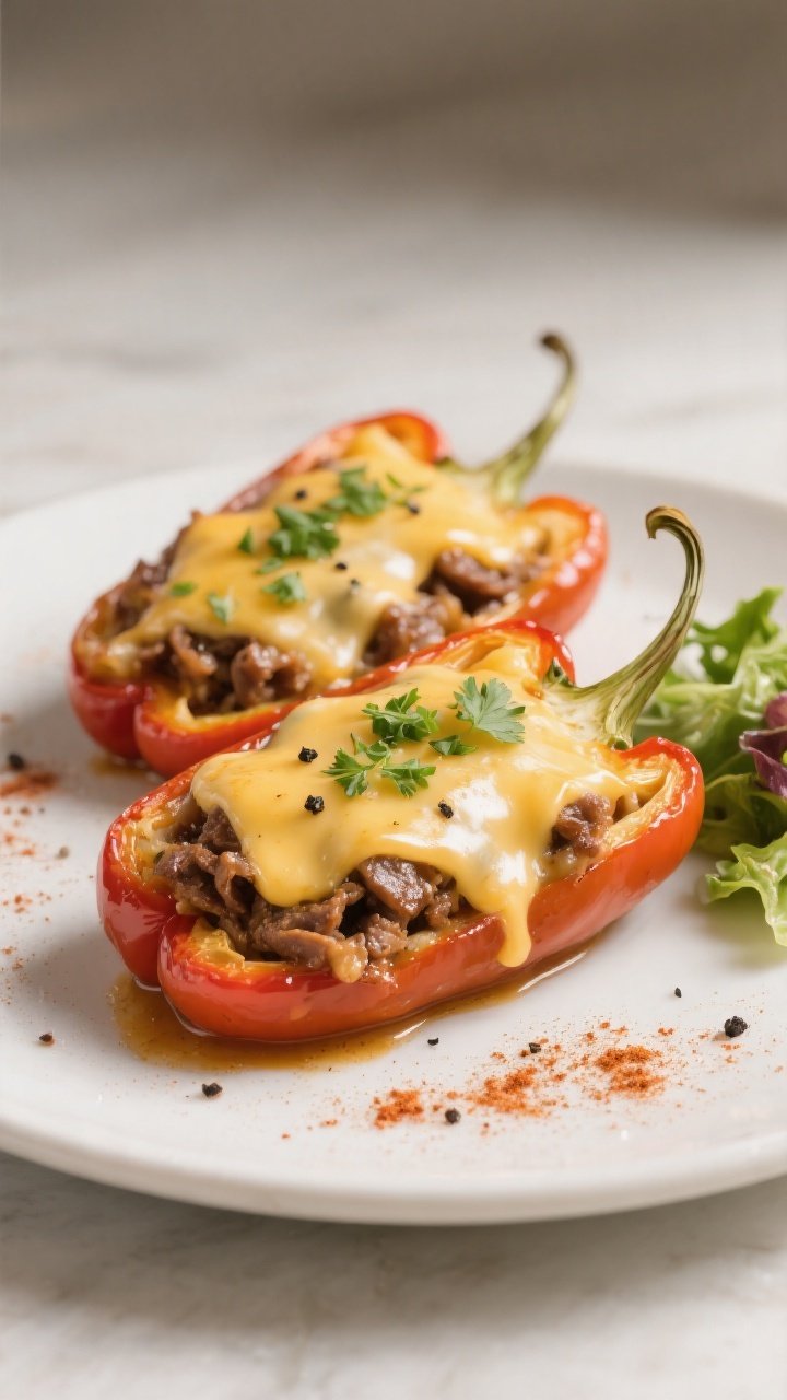 Final plated hero shot: Beautifully plated High-Protein Philly Cheesesteak Stuffed Peppers—two pep