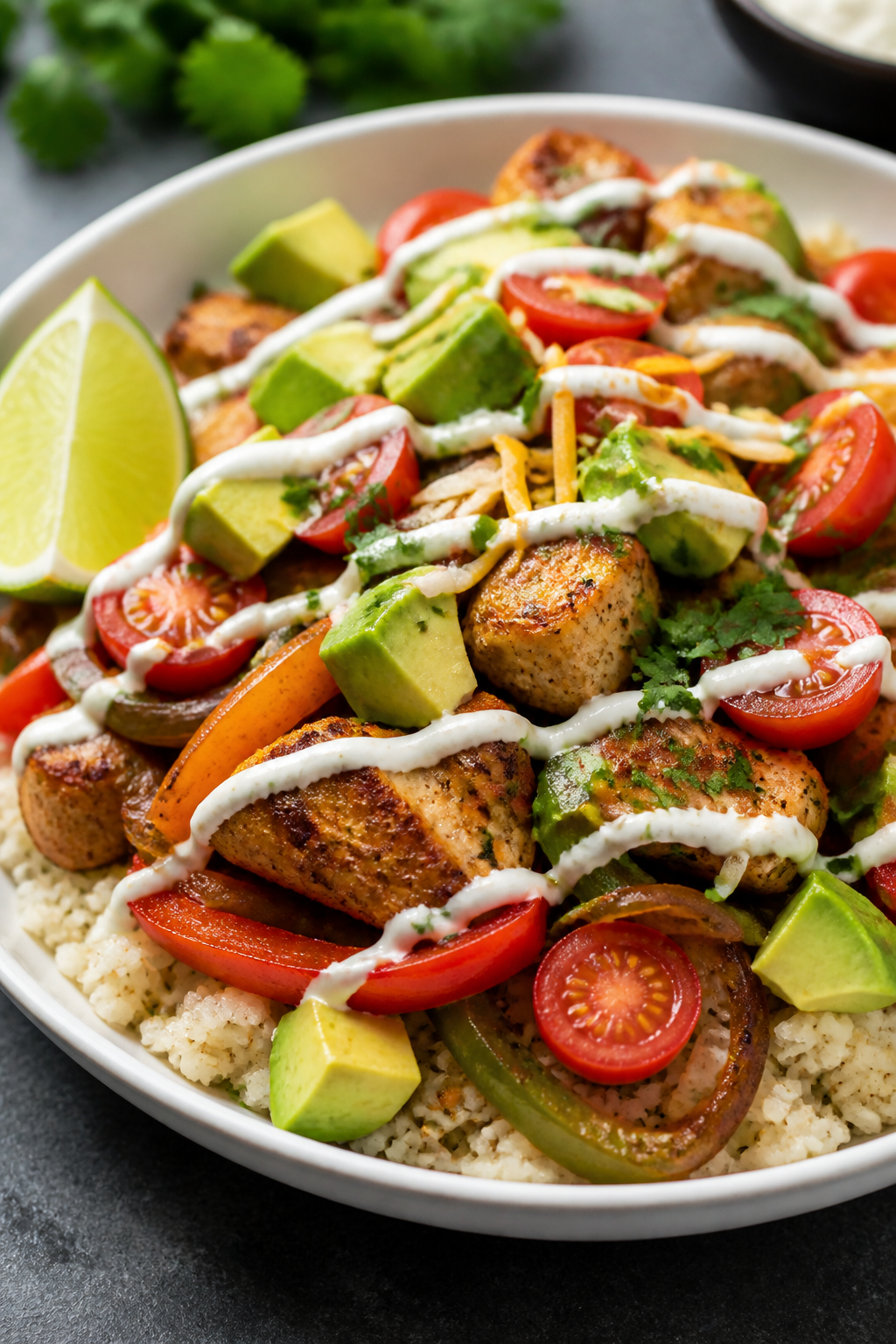 Final plated hero shot, : Beautifully plated Low Carb Chicken Burrito Bowl, close-up three-quarter a