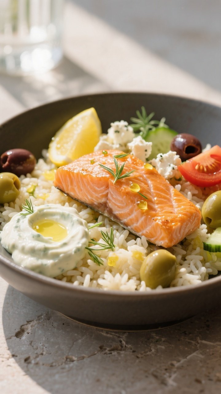 Final plated hero shot (close-up detail): Healthy Greek Salmon Rice Bowl plated restaurant-style, ti