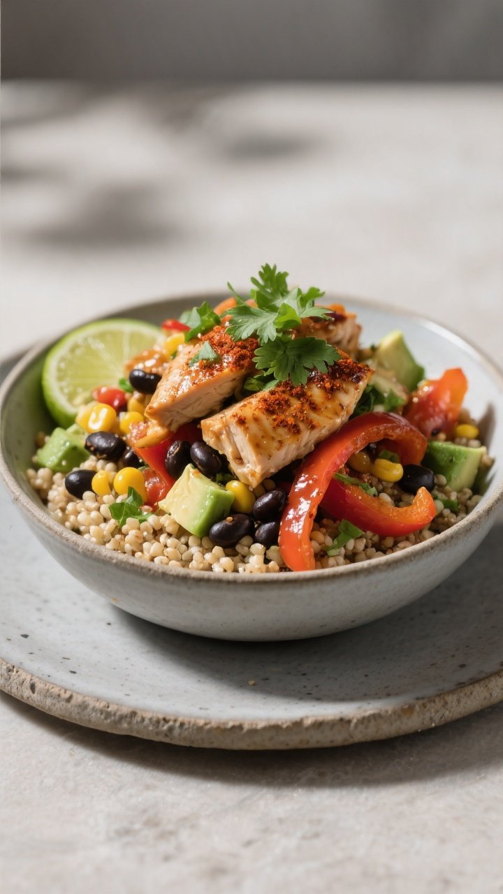 Final plated hero shot: Restaurant-quality presentation of a chicken fajita bowl variation with quin