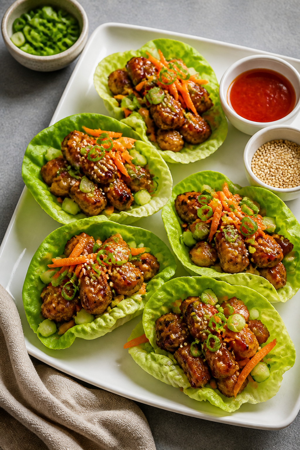 Final plated hero shot: Teriyaki chicken lettuce wraps assembled on a matte white platter, each butt