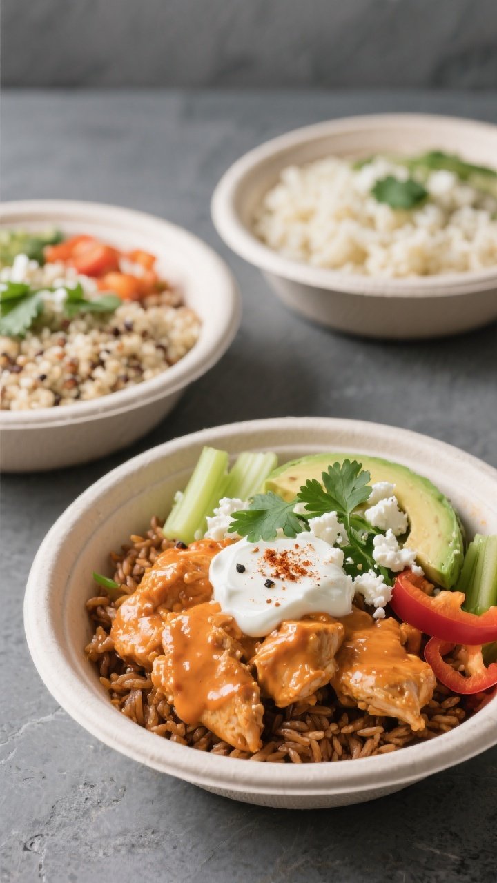 Final plated hero shot: Three meal-prep bowls arranged diagonally on a slate-gray backdrop—front b