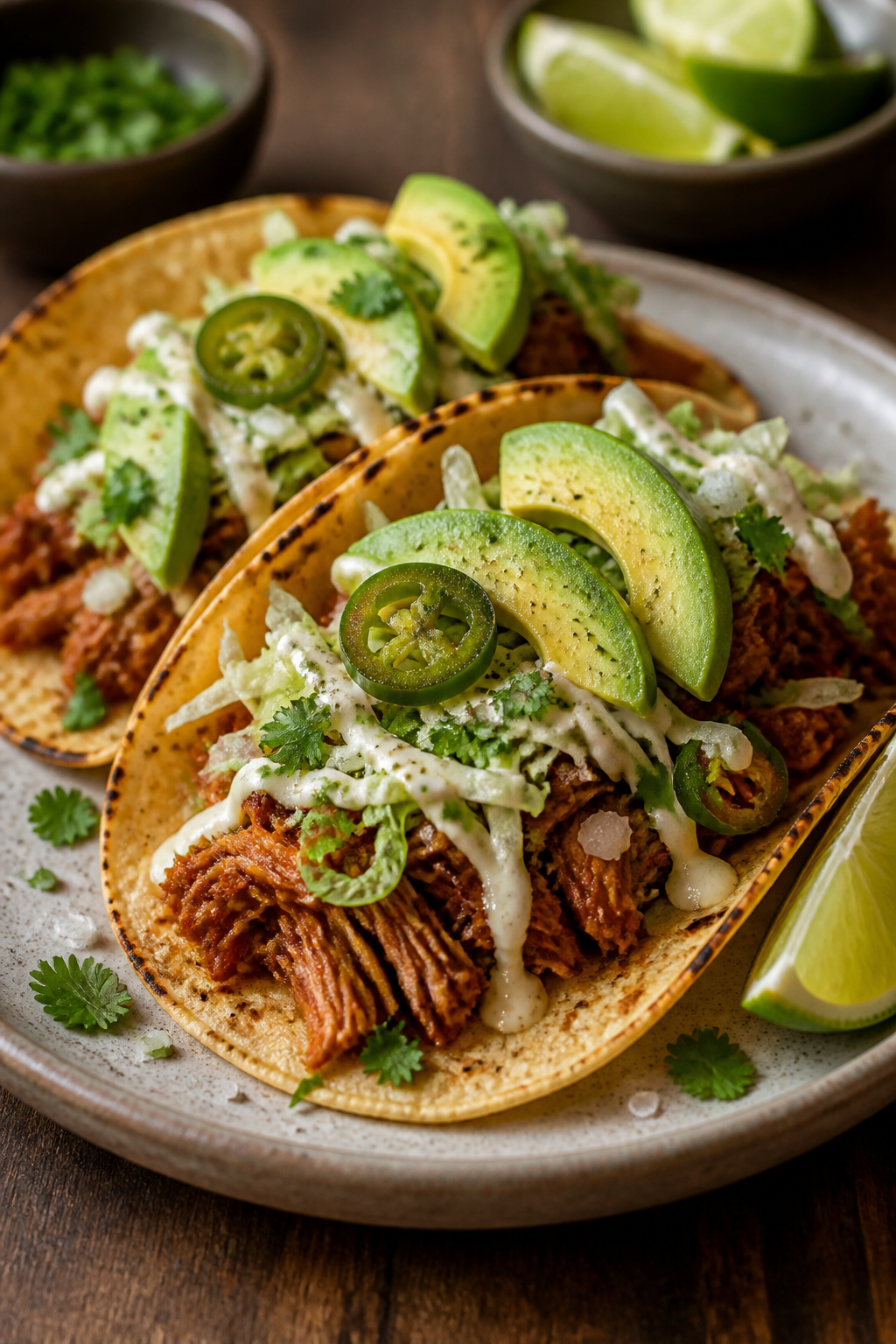 Final plated hero: Two fully assembled Crockpot chicken tacos on a ceramic plate—tortillas lightly