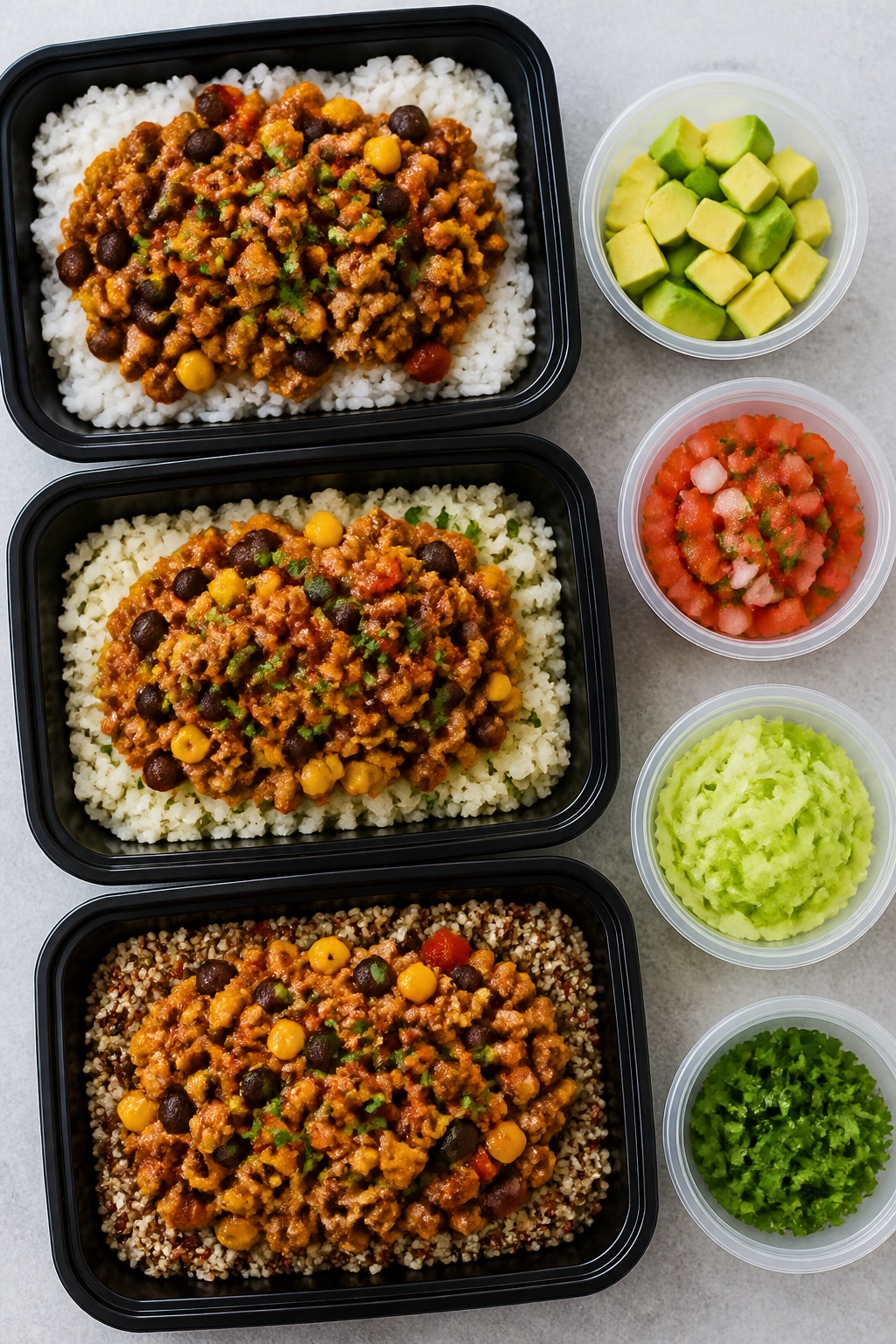 Final plated meal-prep variety: Three meal-prep containers arranged diagonally, each with a differen