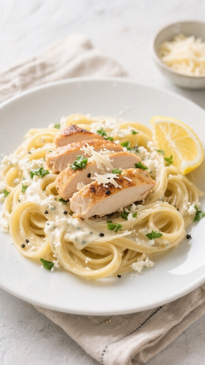 Final plated overhead: High-Protein Cottage Cheese Alfredo Chicken fettuccine twirled into neat nest