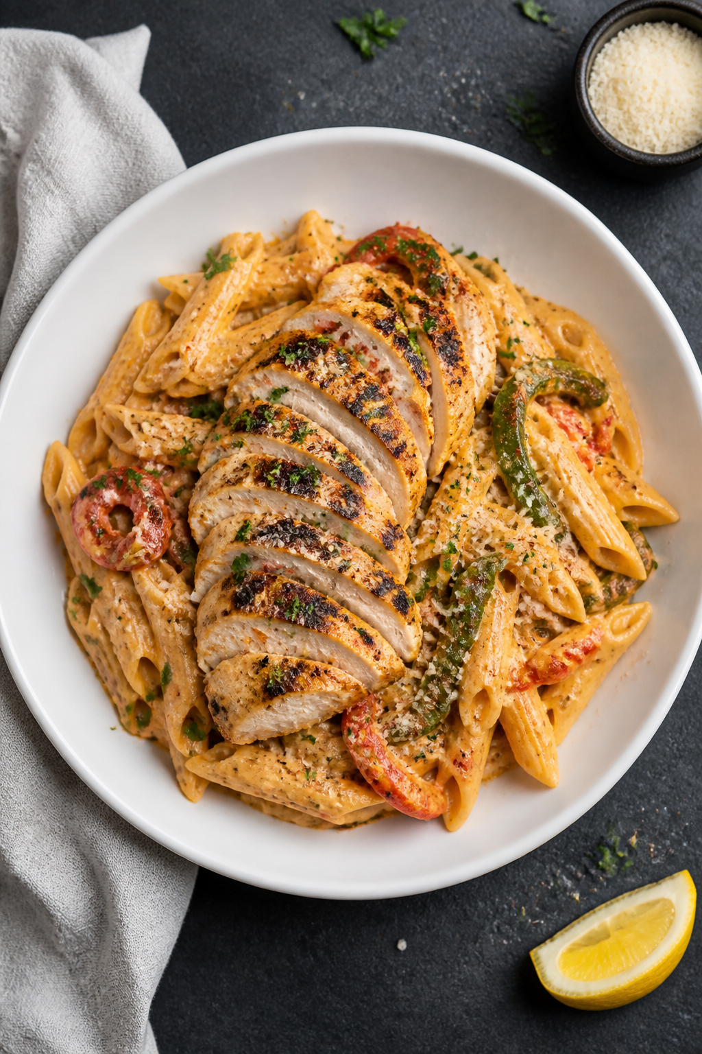 Final plated overhead: Restaurant-quality bowl of Creamy Cajun Chicken Pasta, top-down on a matte wh