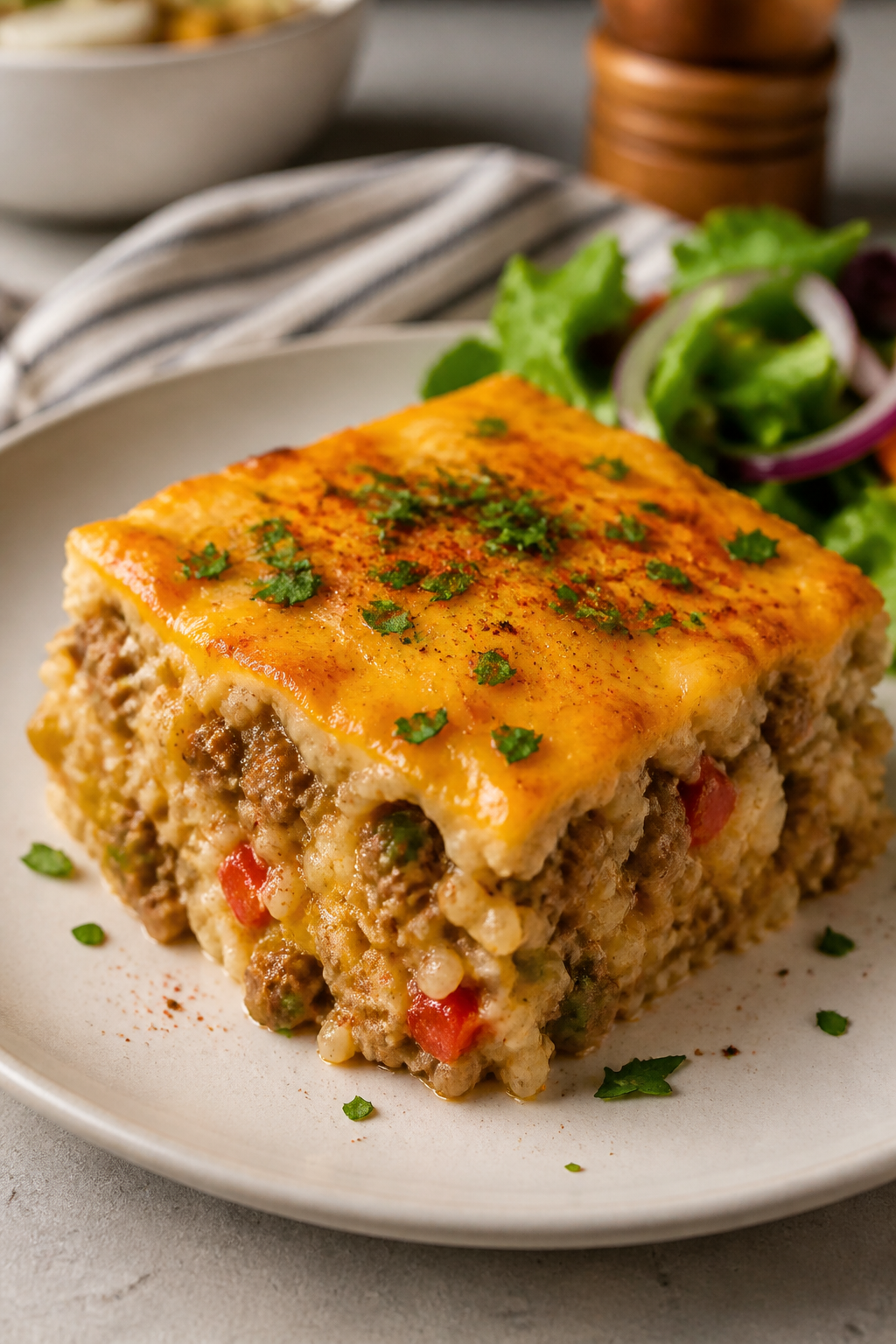 Final plated presentation: A generous square of Cheesy Ground Beef & Rice Casserole plated on a matt