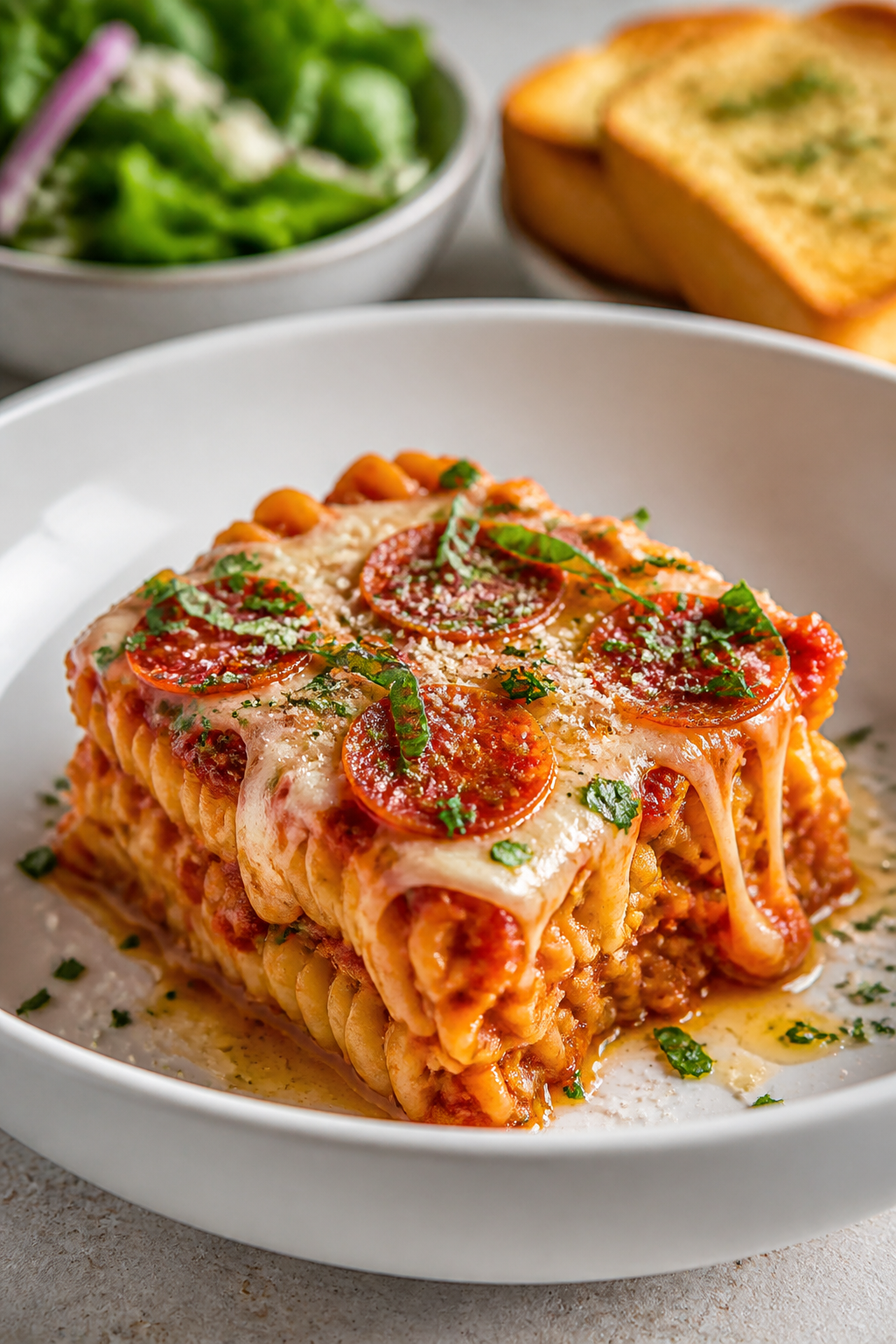 Final plated presentation: A generous square of the pasta bake plated in a wide, white bowl, showing