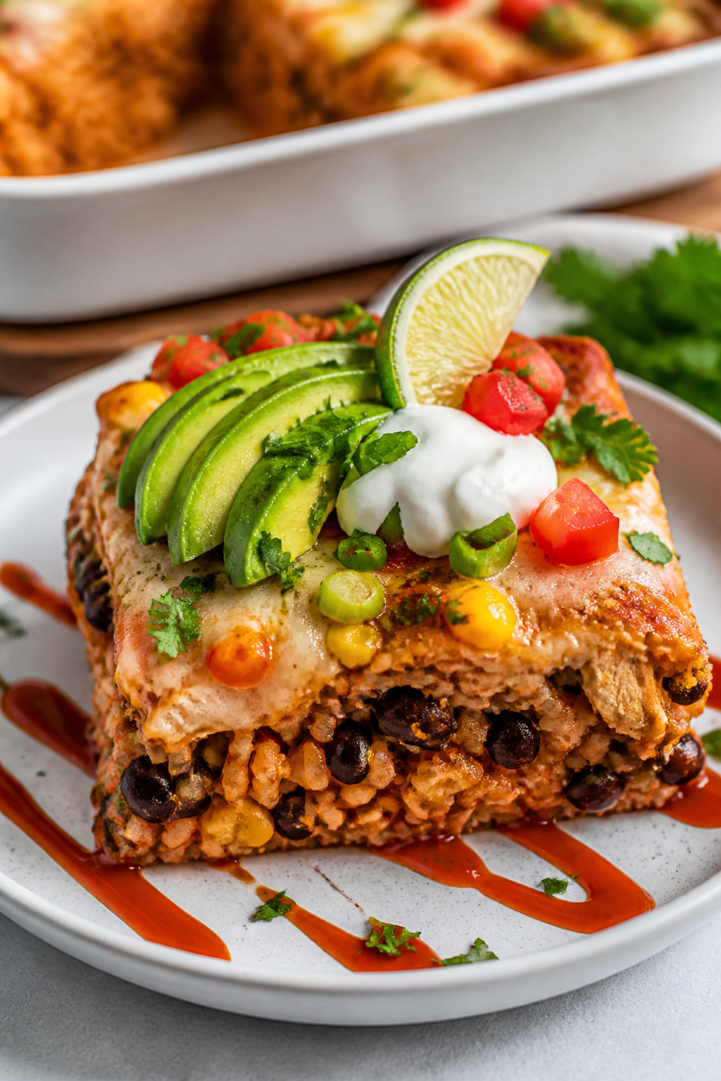 Final plated presentation: Beautifully plated square of Lazy Enchilada Rice Bake on a matte white pl