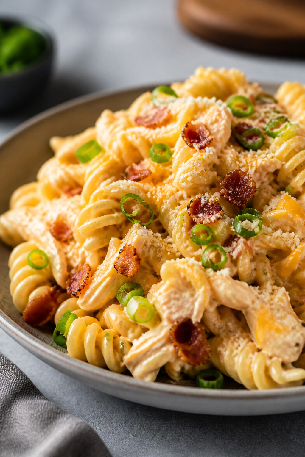Final plated presentation: Restaurant-quality bowl of Crack Chicken Pasta twirled high for texture, 