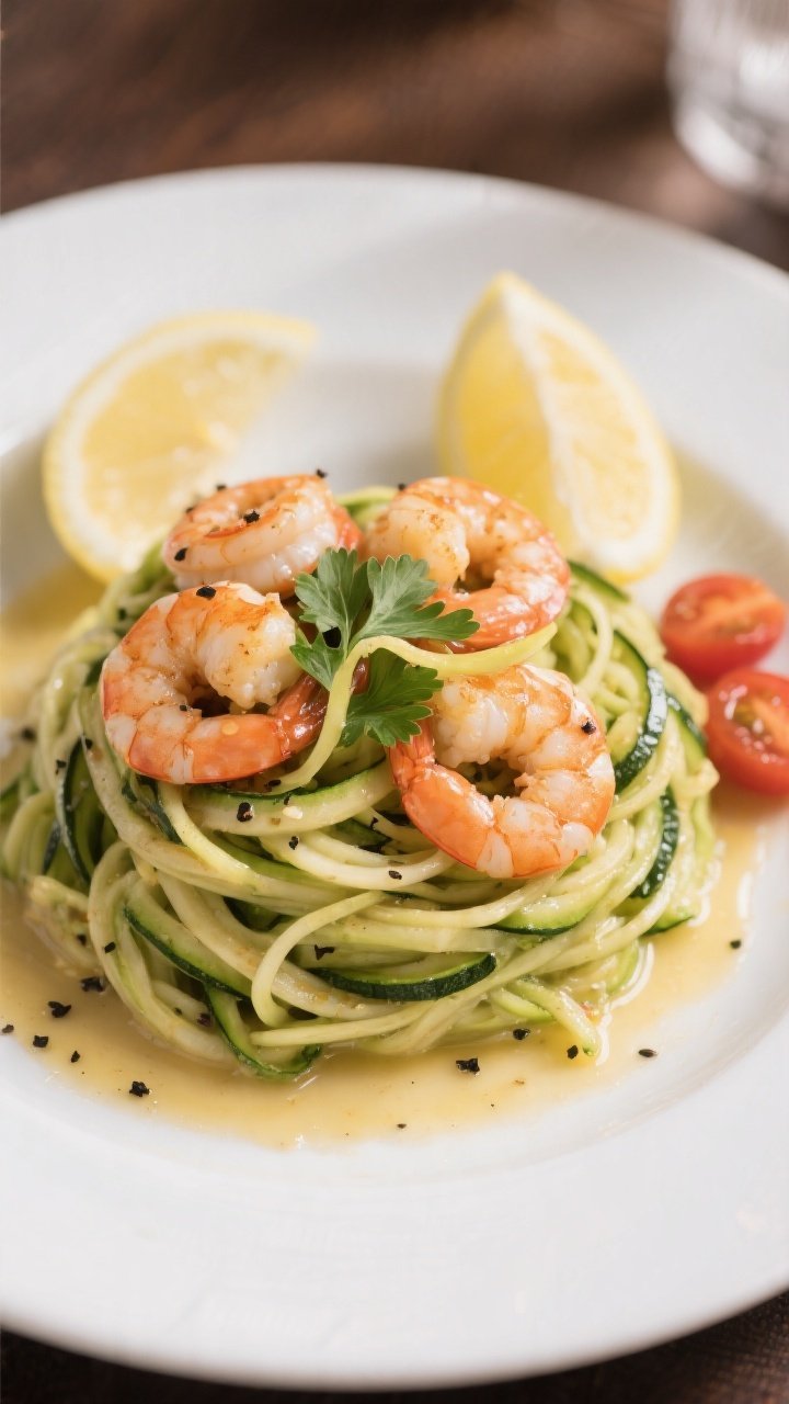 Final plated presentation: Restaurant-quality plate of zucchini noodle shrimp scampi twirled into a 