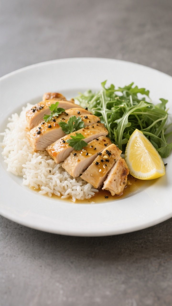 Final plated presentation: Restaurant-quality plate of Lemon Pepper Chicken served with jasmine rice