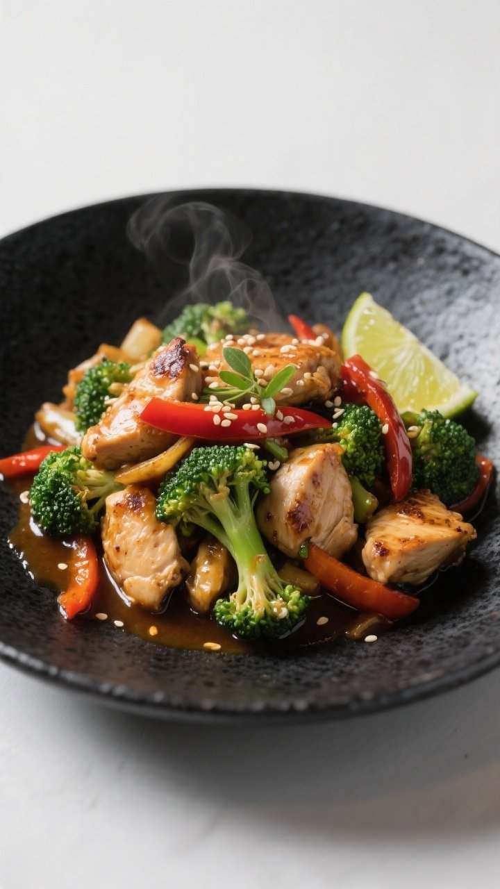 Final plated presentation: Restaurant-quality plate-up of the stir fry without a base (sauce-forward