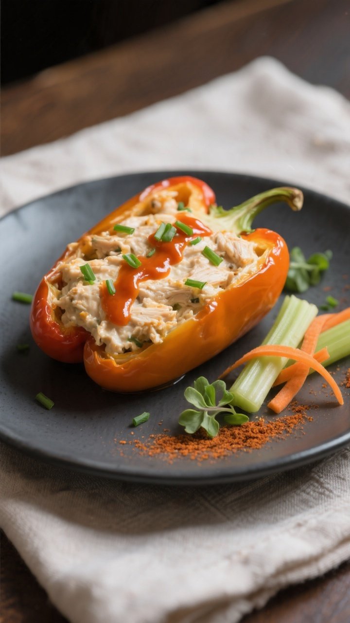 Final plated presentation: Single Buffalo Chicken Stuffed Pepper served on a matte charcoal plate, c