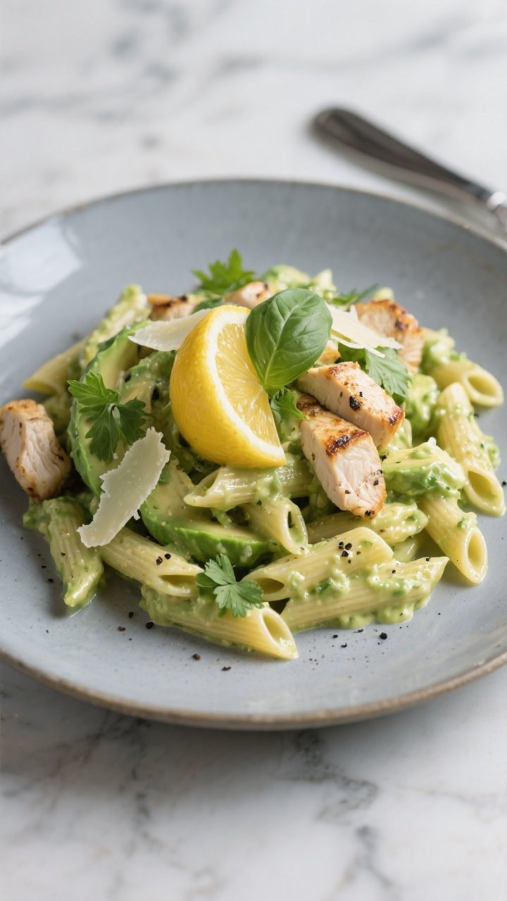 Final plated restaurant-quality presentation: a composed mound of avocado-coated penne with grilled 
