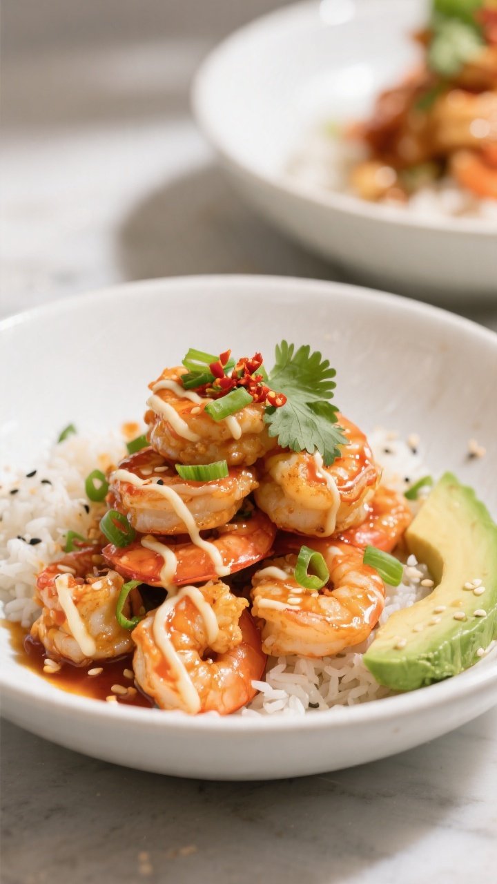 Final plated, restaurant-quality presentation: Beautifully plated Bang Bang Shrimp Bowl on a matte w