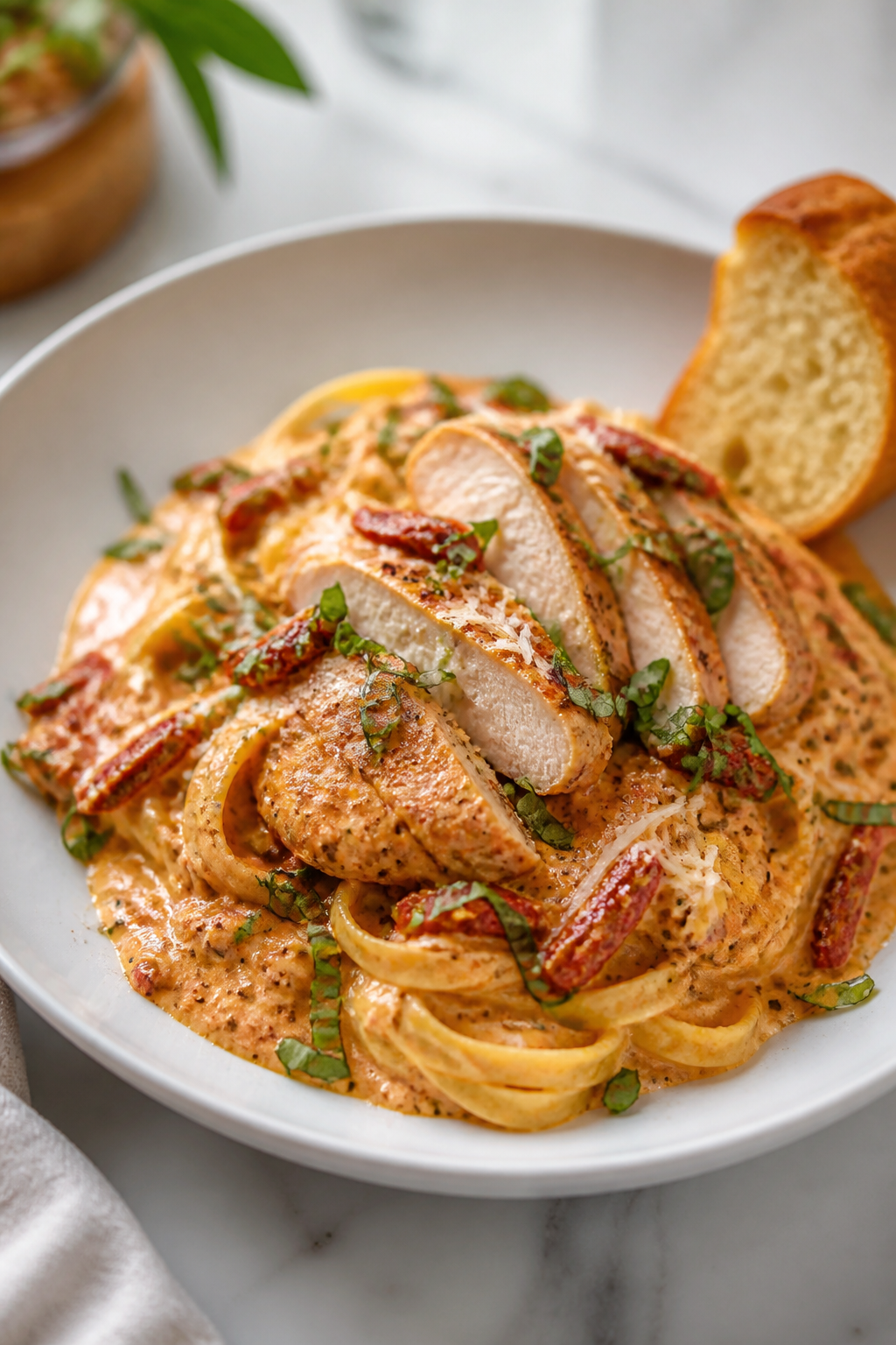 Final plated restaurant-style: Beautifully plated Creamy Sun-Dried Tomato Chicken on a shallow white