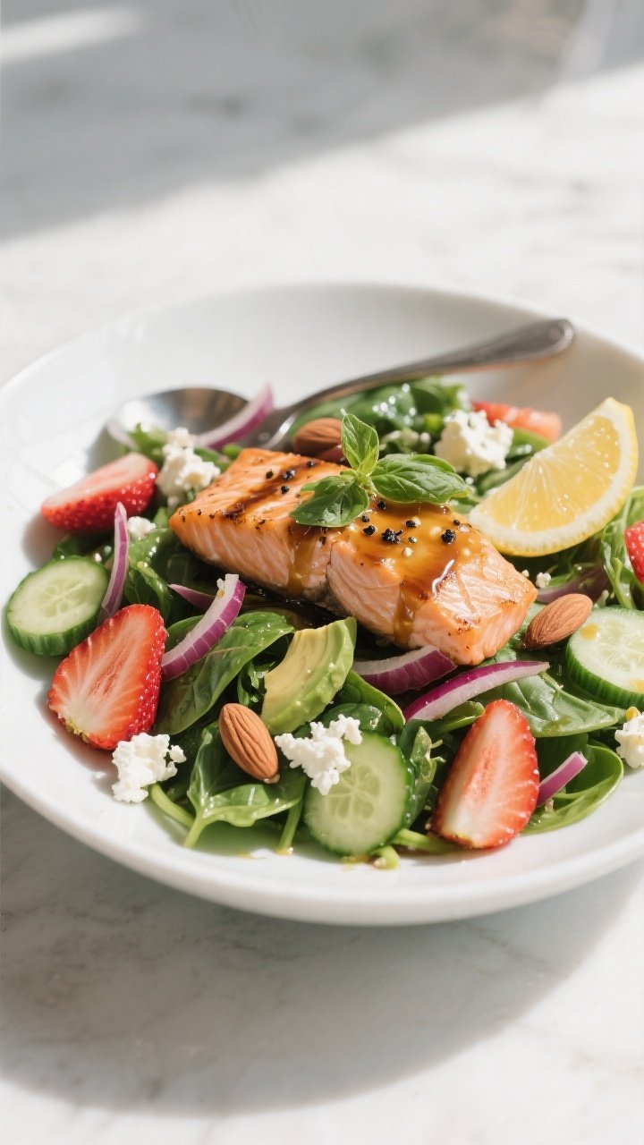 Final plated salad, restaurant-quality: Beautifully plated Grilled Salmon Strawberry Spinach Salad i