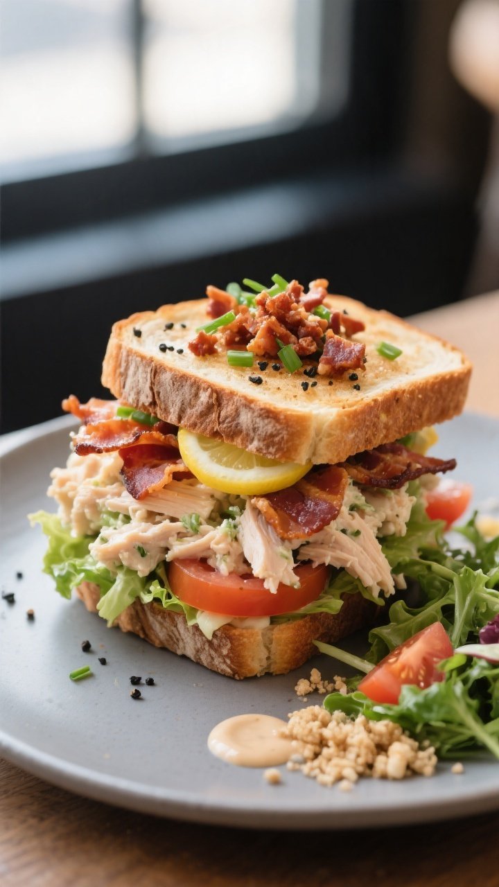 Final plated sandwich – brunch-ready presentation: Beautifully plated Million Dollar BLT Chicken S