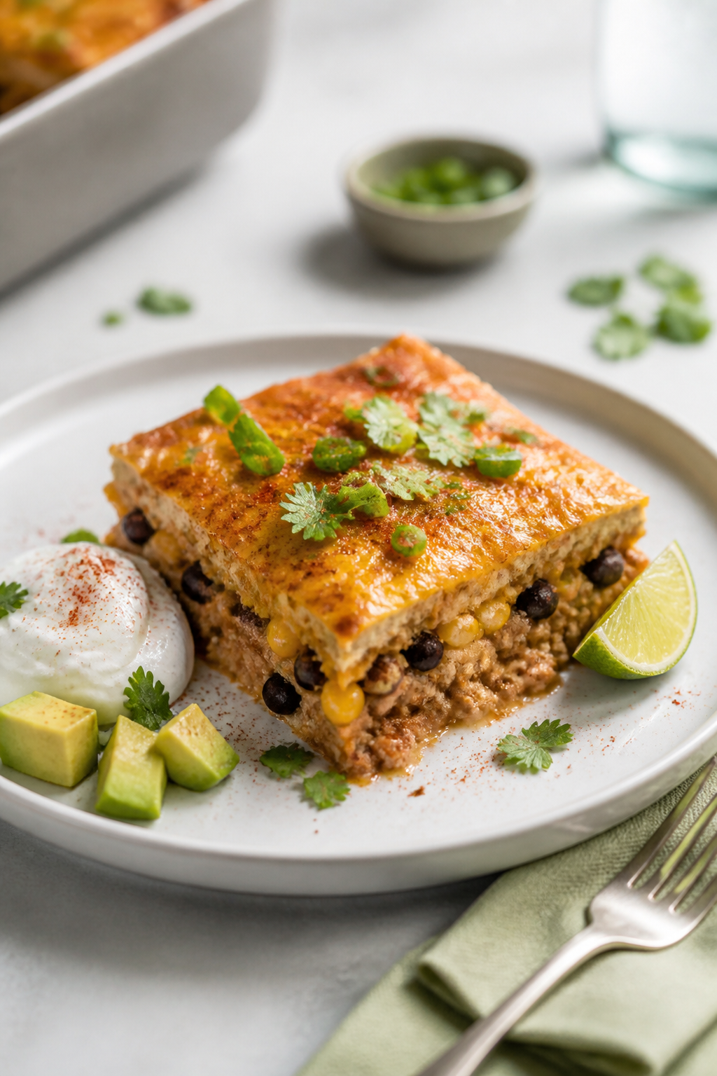 Final plated serving: A generous square of High Protein Southwest Taco Casserole on a matte white pl
