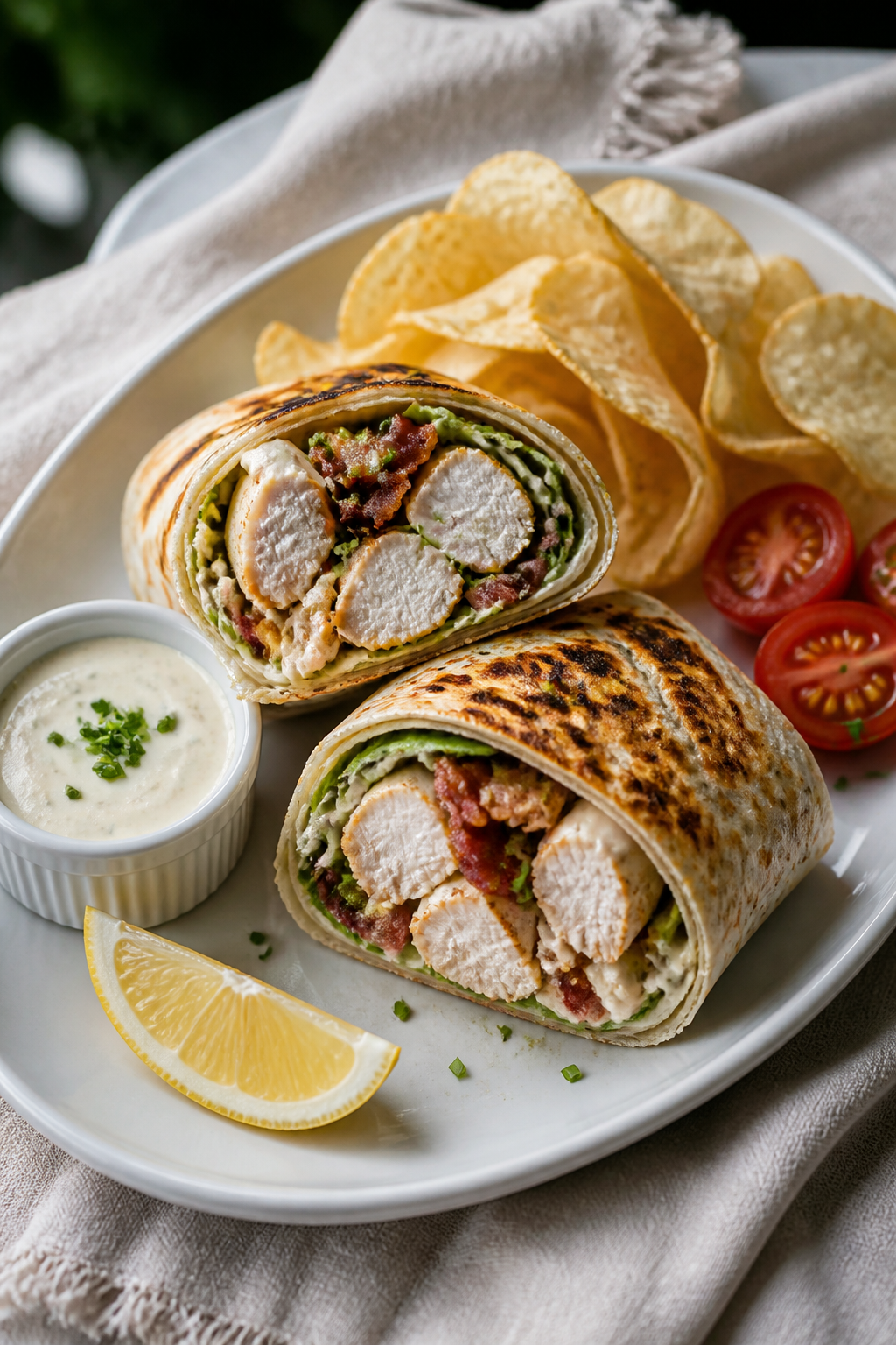 Final plated serving: two crispy-seared Chicken Bacon Ranch wraps halved on a matte white oval plate