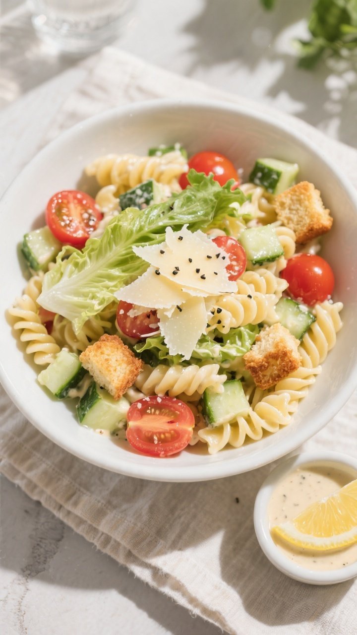 Final presentation: Beautifully plated Creamy Caesar Pasta Salad Bowl, overhead hero shot—rotini i