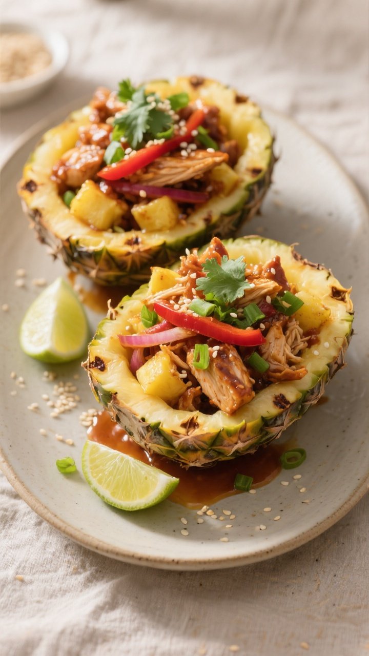 Final presentation beauty shot: BBQ Chicken Pineapple Bowls plated on a neutral ceramic platter—tw