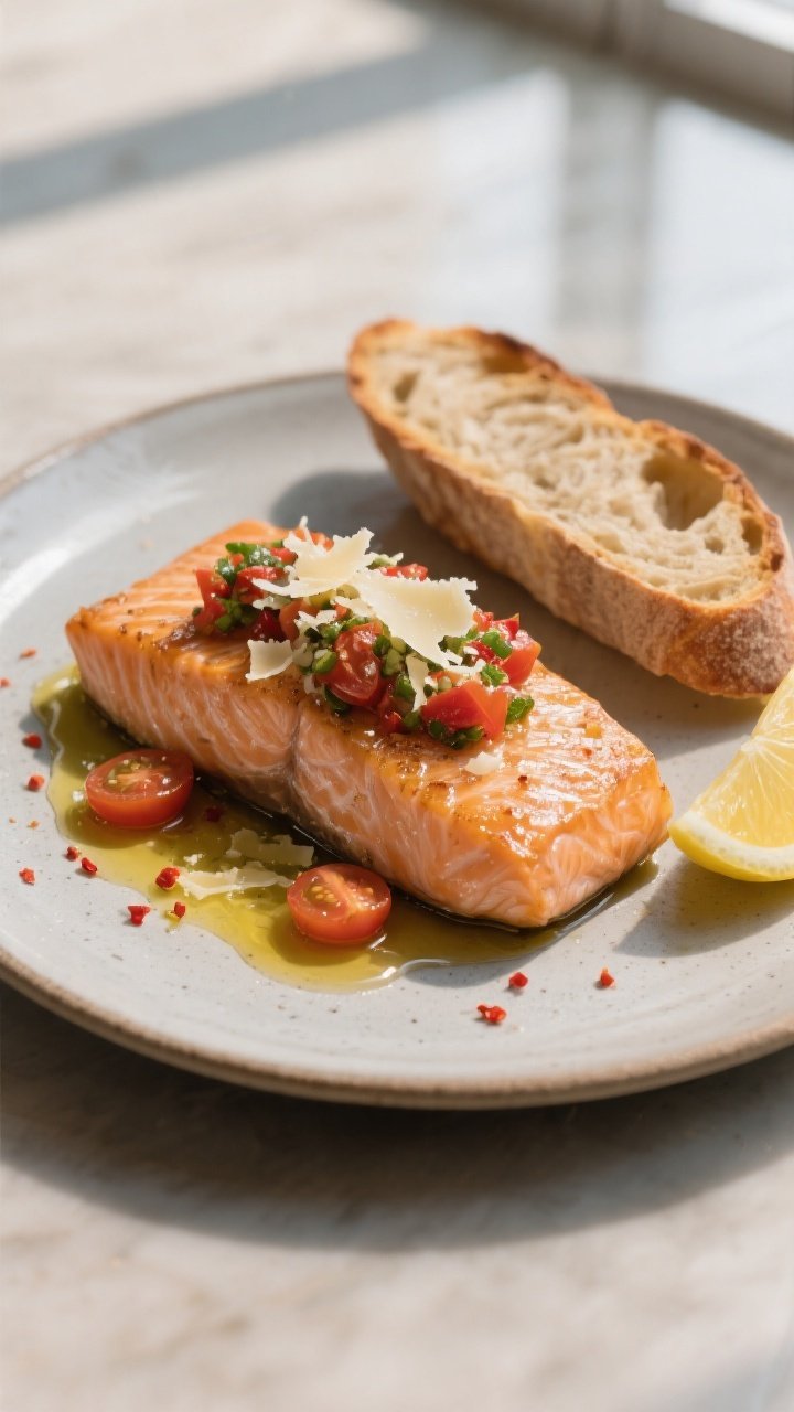 Final presentation hero shot: Restaurant-quality angle (45°) of the finished salmon fillet crowned 