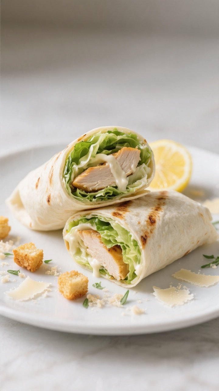 Final presentation: Two Grilled Chicken Caesar Wrap halves cut on a slight diagonal, tightly rolled 
