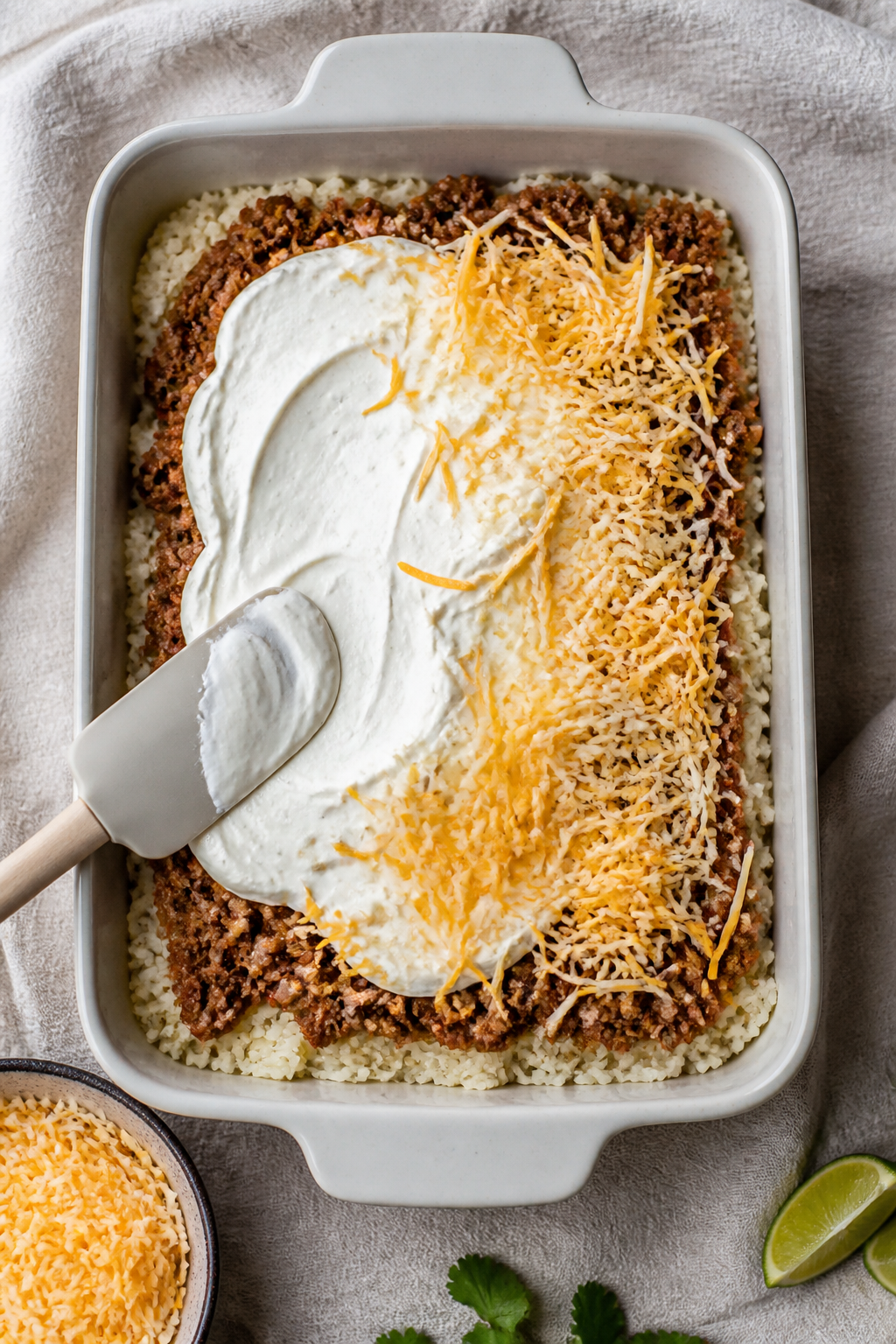 Layering scene overhead: 9x13 baking dish mid-assembly on a neutral linen—an even base of sautéed