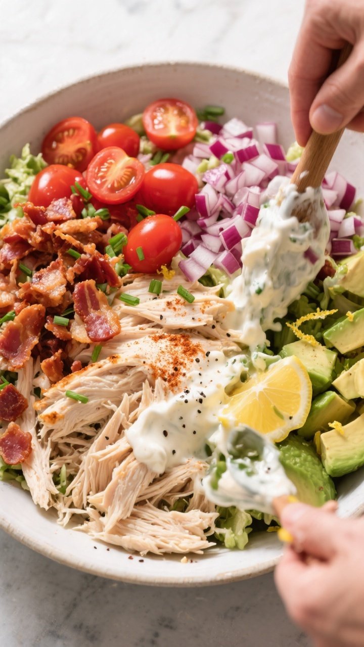 Mixing the salad – creamy fold-in moment: Overhead shot of a large bowl of BLT chicken salad mid-p