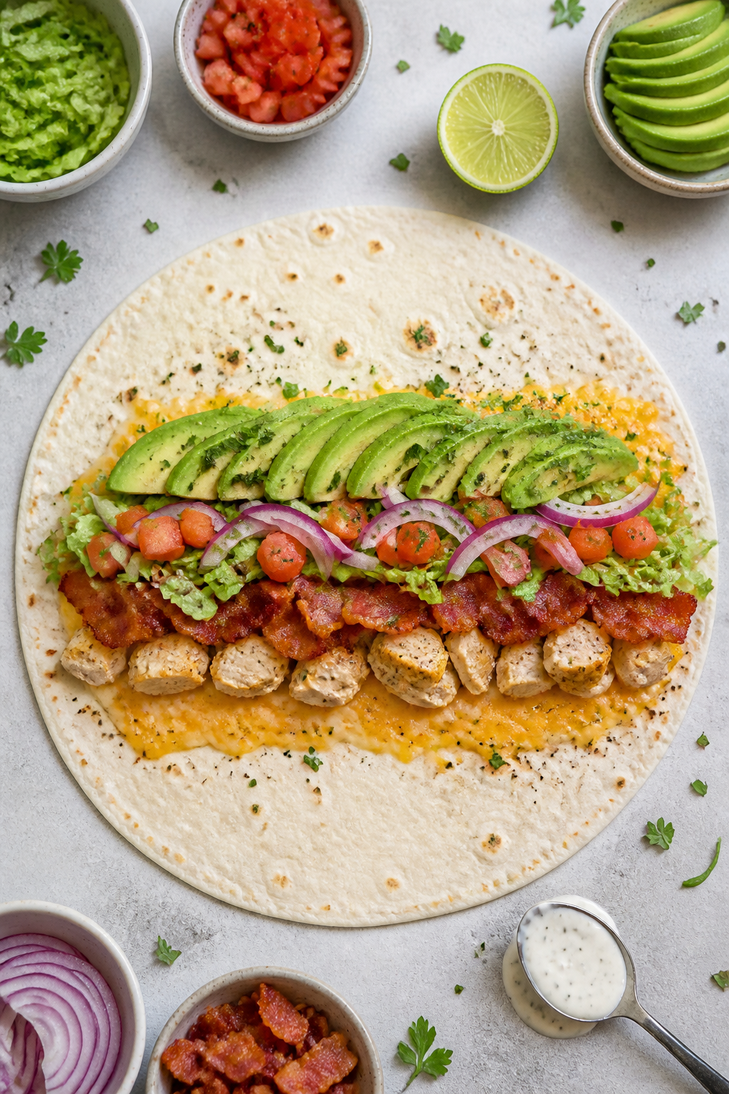 Overhead “assembly line” shot of the warmed burrito-size tortilla during layering: a neat stripe