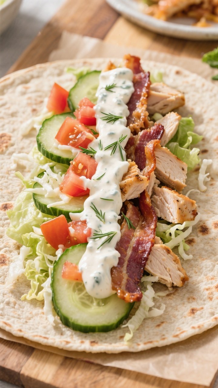 Overhead assembly shot: Tasty top view of a Chicken Bacon Ranch Wrap being built on a warmed whole-w