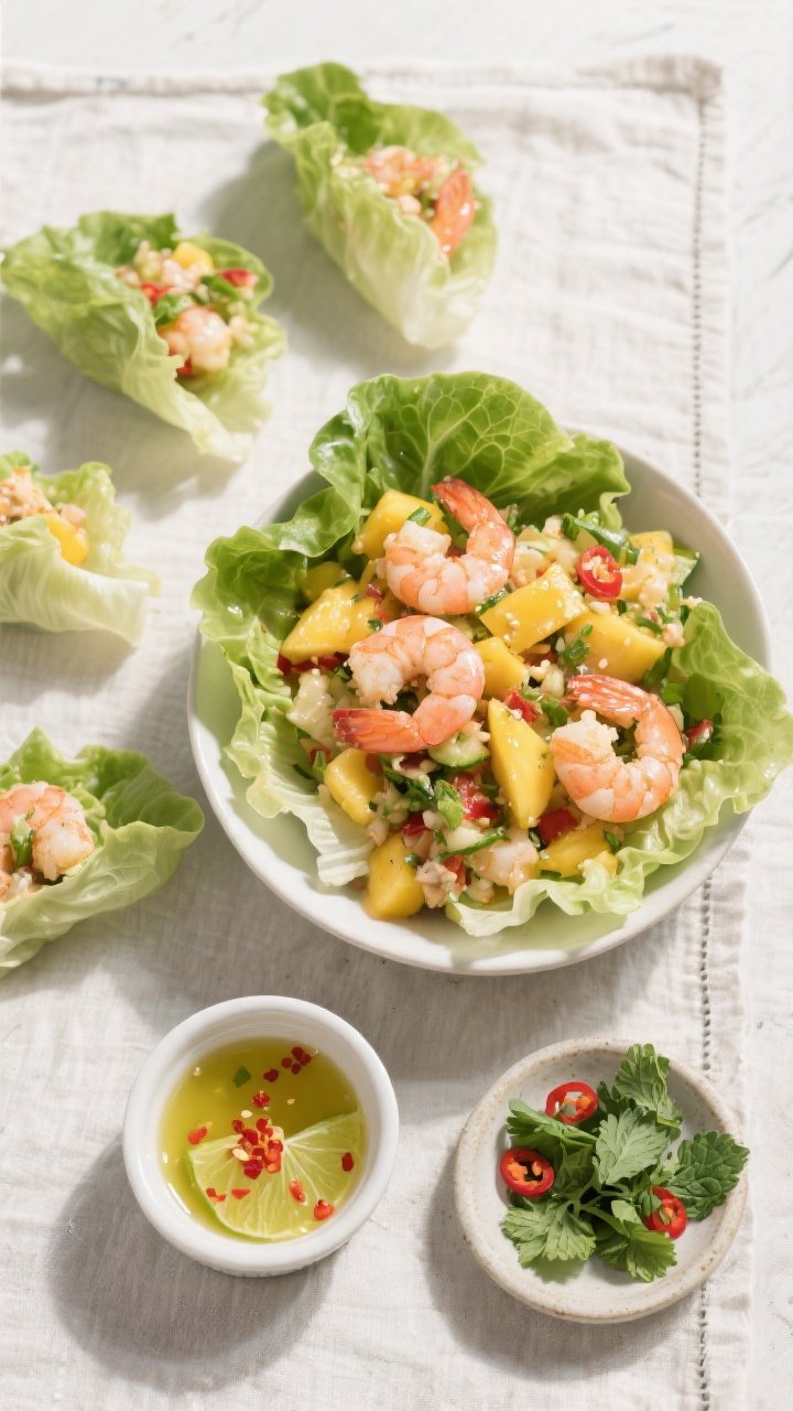 Overhead “build-your-own” scene: Top-down shot of a spread for assembling mango shrimp lettuce w