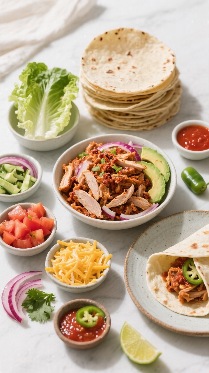 Overhead “build-your-own” scene: Top-down shot of a vibrant taco bar layout featuring a bowl of 