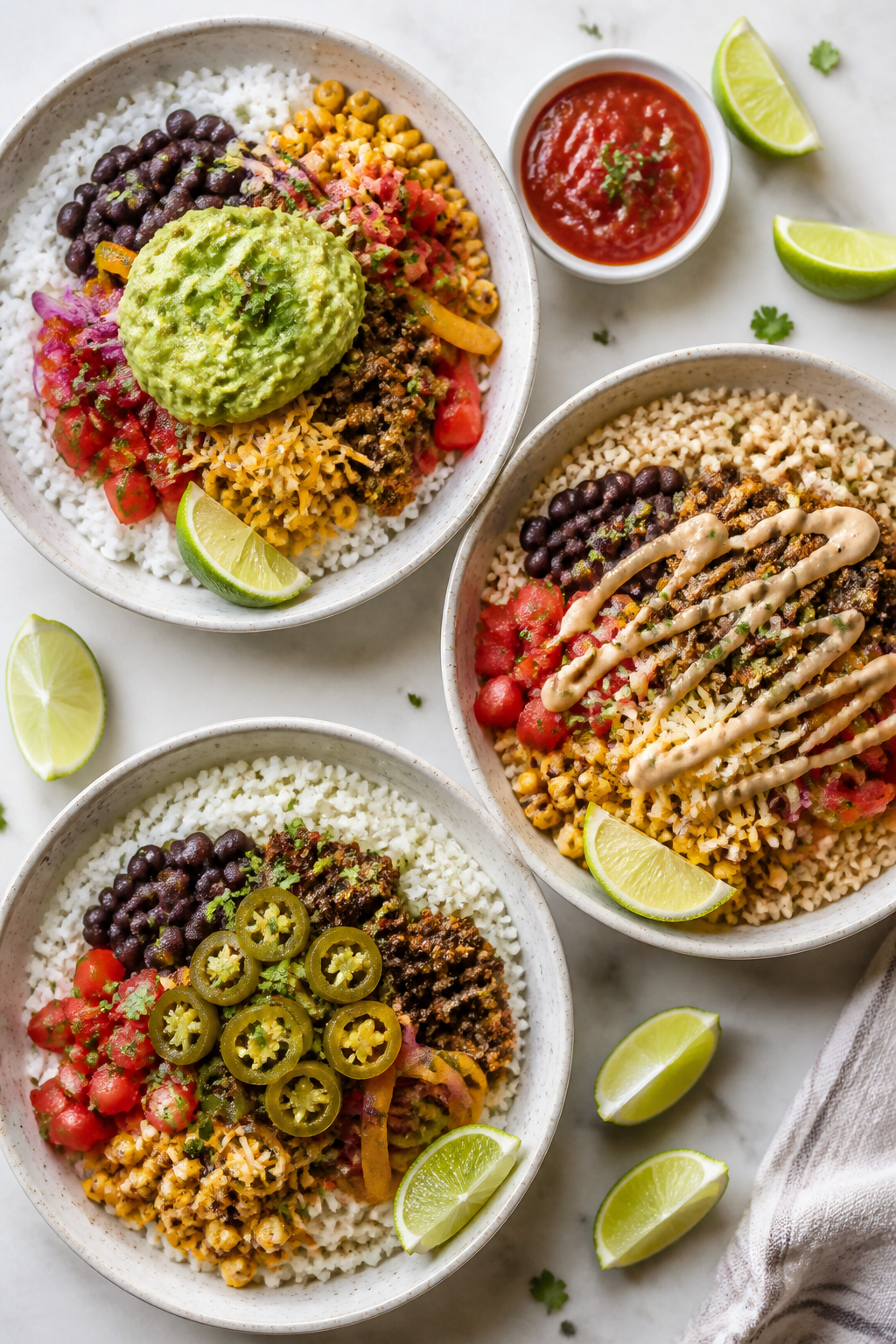 Overhead “build-your-own” top view: Tasty top-down shot of multiple assembled burrito bowls for 