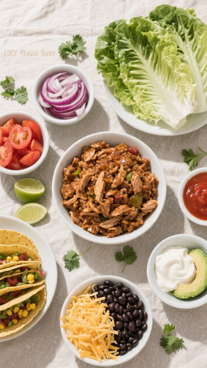 Overhead “DIY taco bar” scene: of a build-your-own spread featuring a bowl of glossy turkey taco