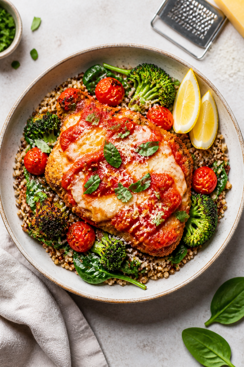 Overhead final bowl presentation: Protein-Packed Chicken Parmesan Bowl assembled in a wide, shallow 
