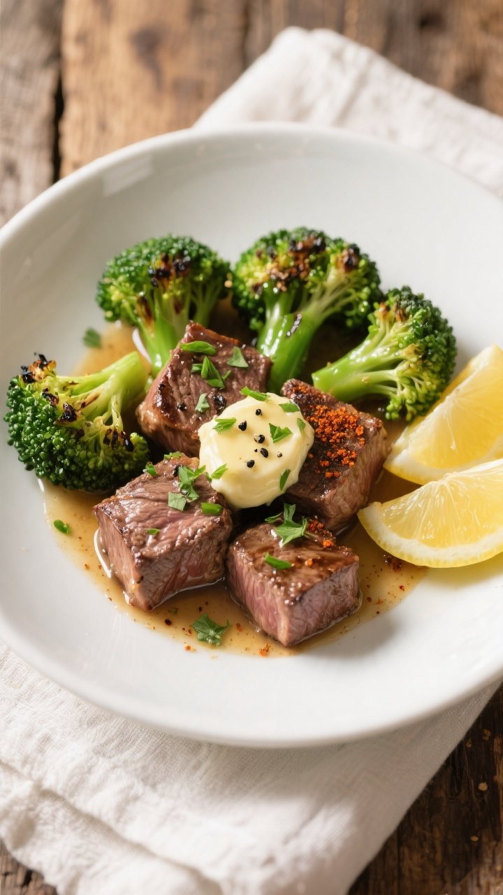 Overhead final dish: Tasty of garlic butter steak bites and bright-green, lightly charred broccoli a